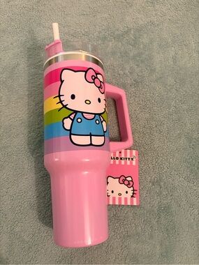 Hello Kitty Pink Rainbow Tumbler with Handle and Straw Travel Mug Water Bottle